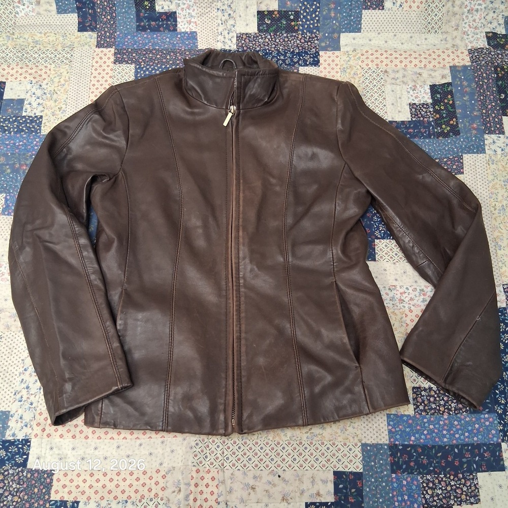 Colebrook Womens M Brown Genuine Leather Moto Jacket Full Zip Fitted Y2K